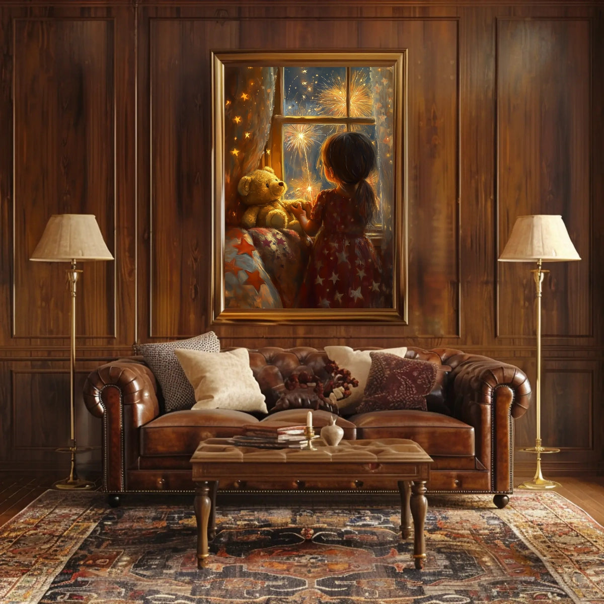Little Girl Watching Fireworks Night Scene Cozy Poster