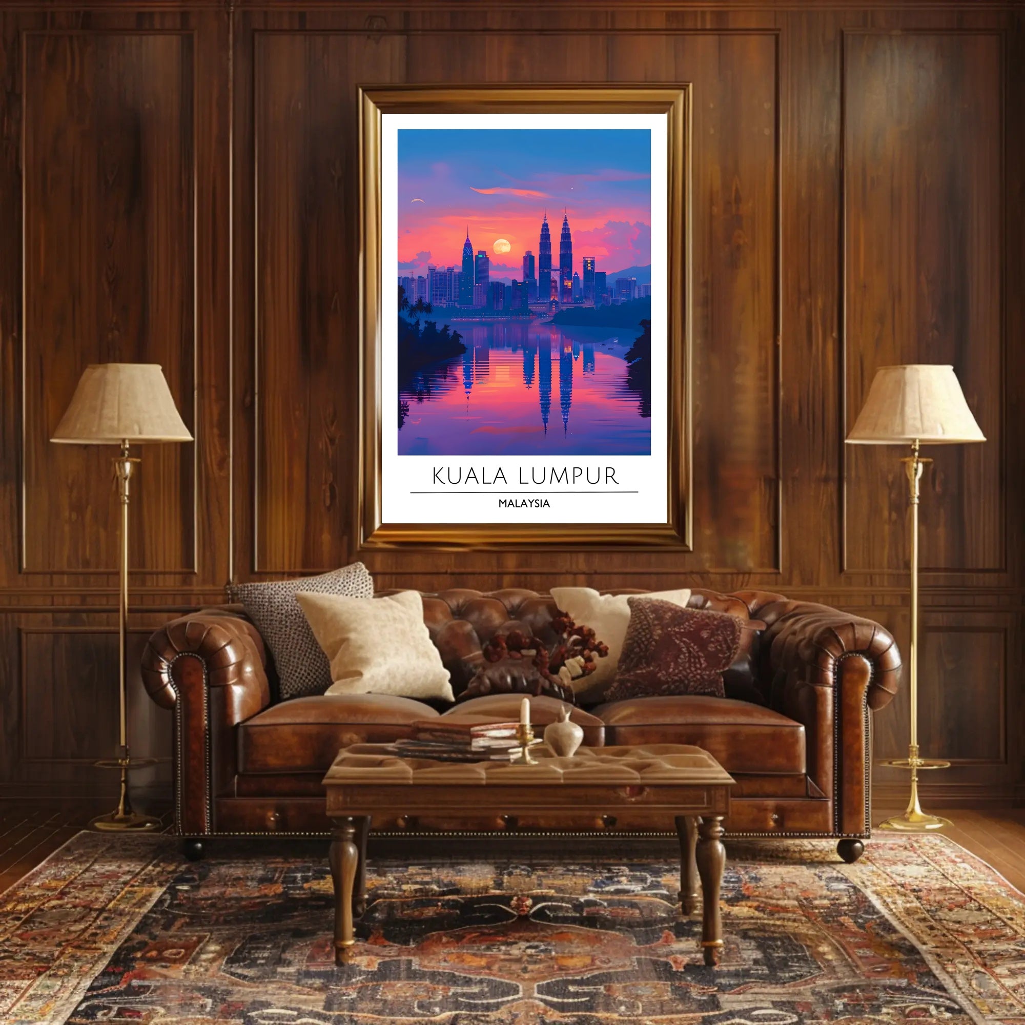 Kuala Lumpur skyline art with sunset urban cityscape poster
