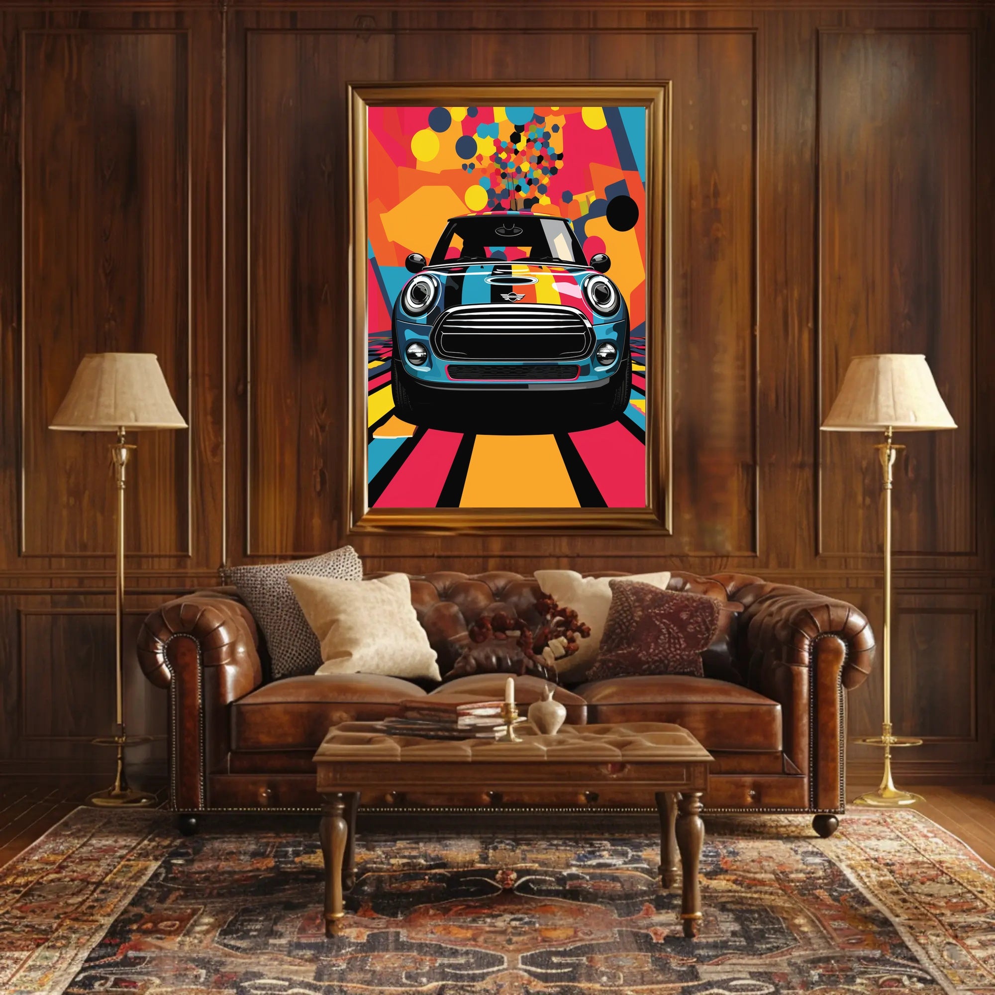Mini Car Pop Art Poster: Vibrant Geometric Design