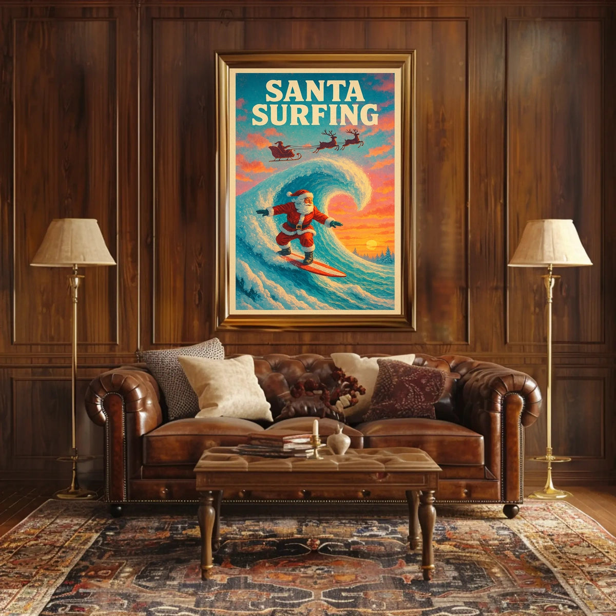 Santa Surfing Christmas Wave Vintage Poster Art