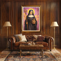 Saintly Figure with Church Model Poster PosterGoat
