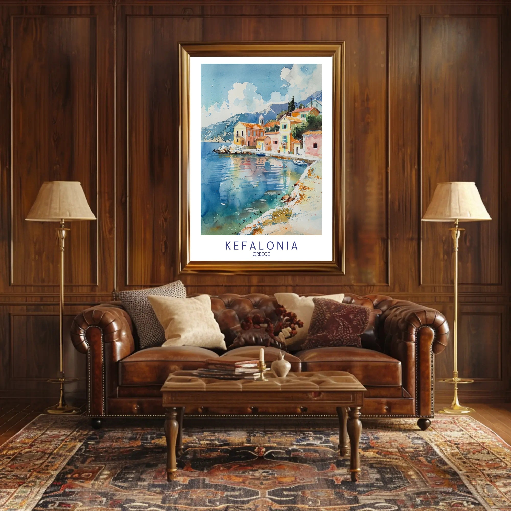 Kefalonia Coastal Serenity Watercolor Travel Poster PosterGoat