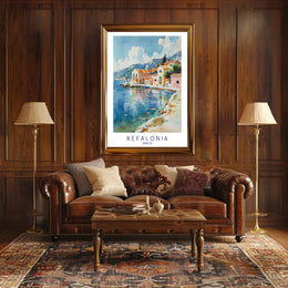 Kefalonia Coastal Serenity Watercolor Travel Poster PosterGoat