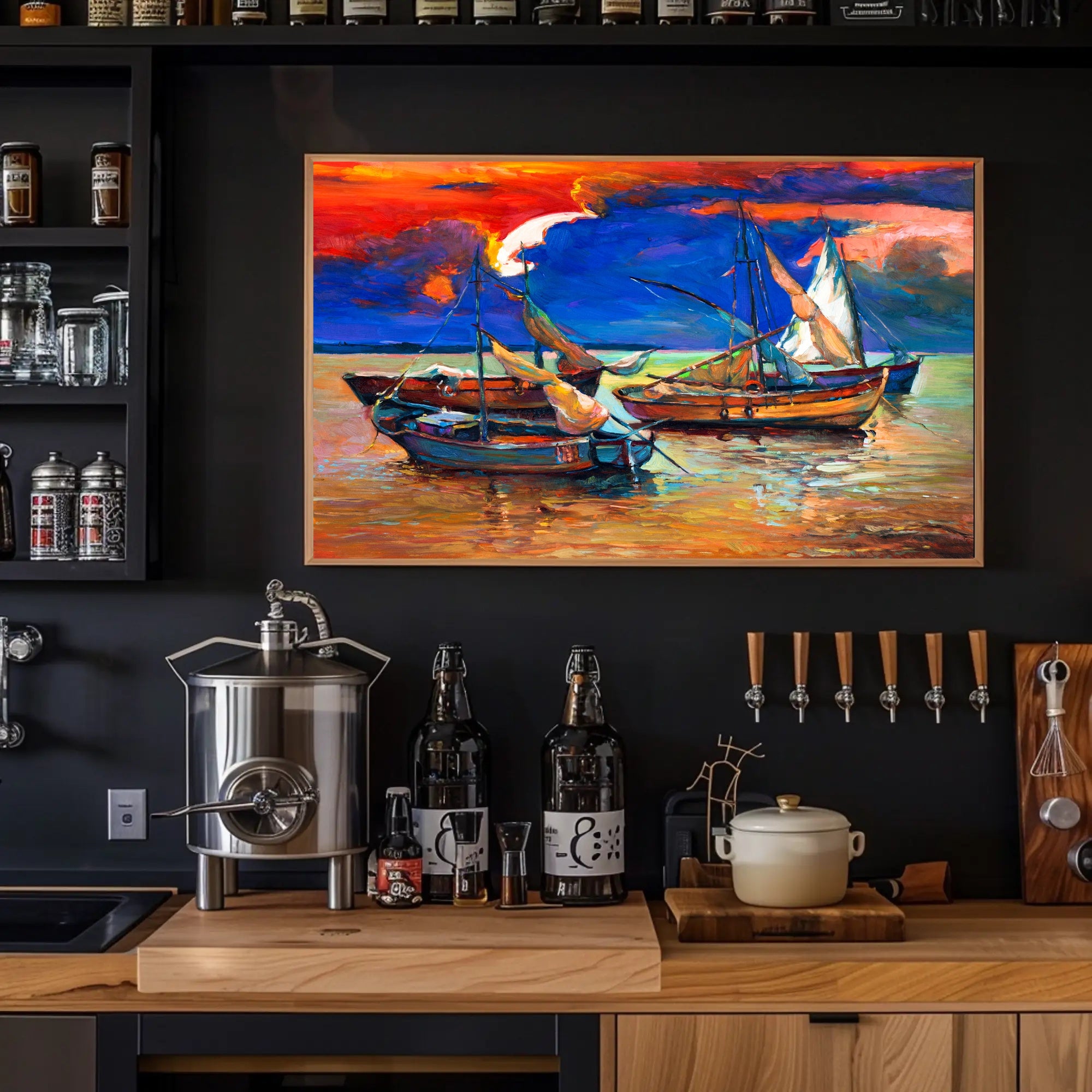 Vibrant Sunset Over Sailboats Poster