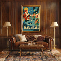 Santa's Whimsical Ice Fishing Vintage Christmas Poster