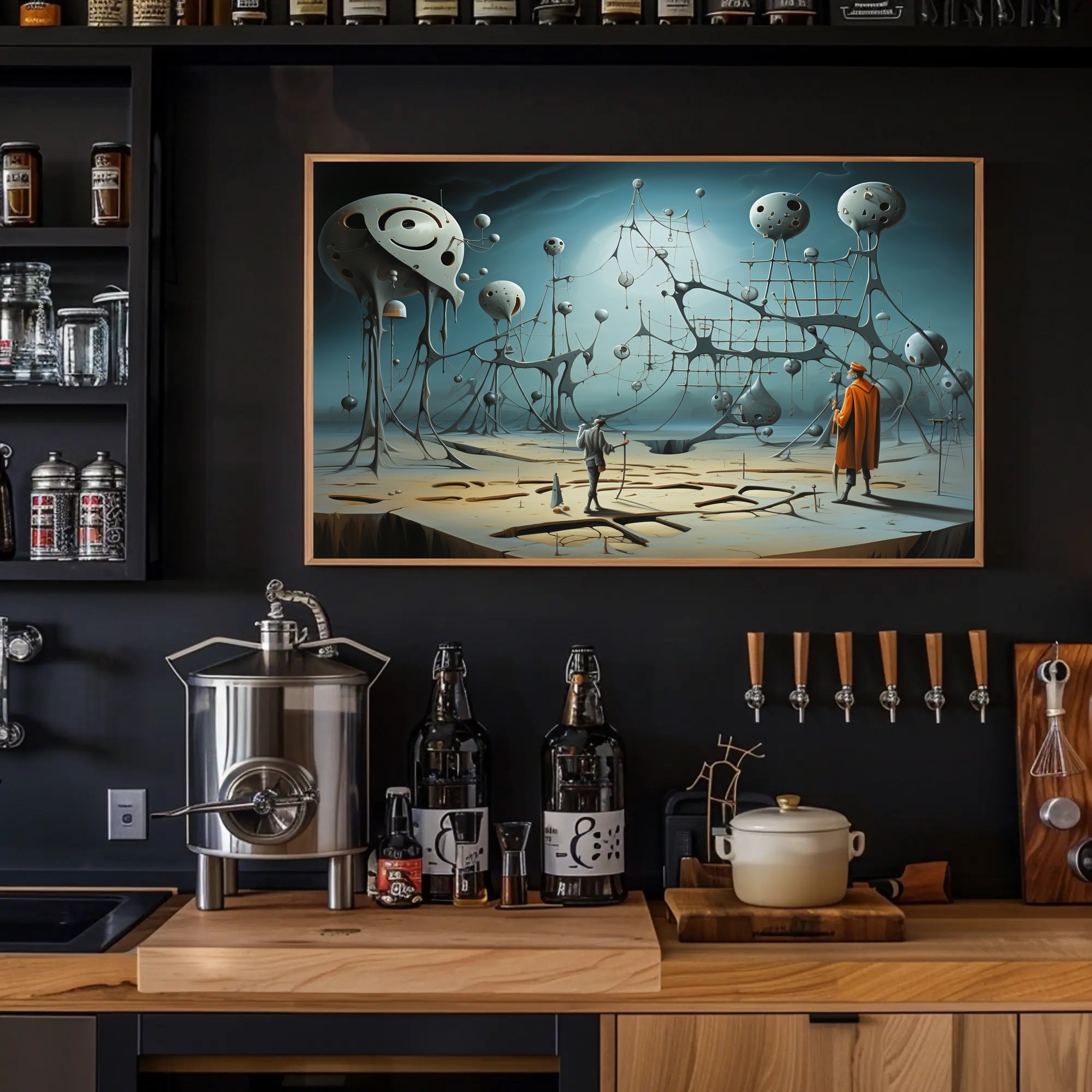 Surreal Dreamscape with Explorers: Futuristic Sci-Fi Poster