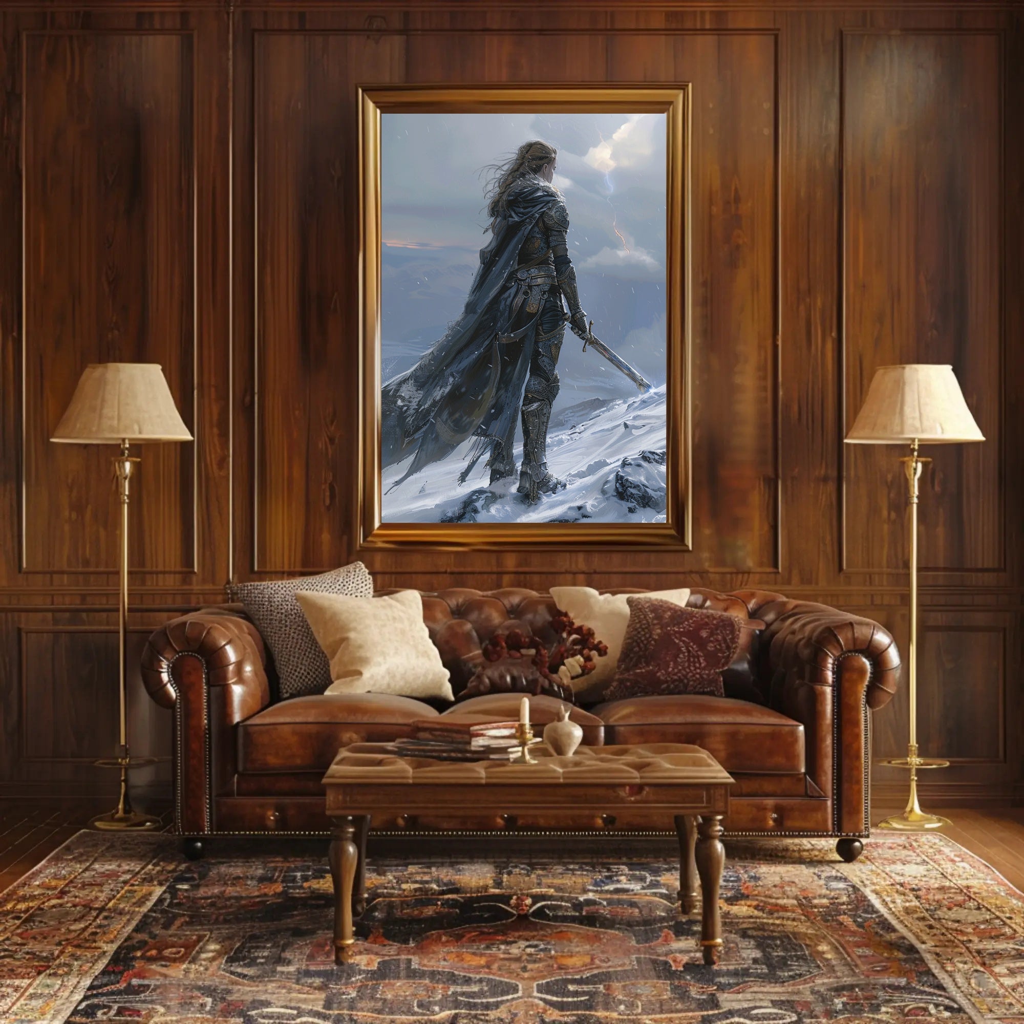 Epic Warrior in Snowy Mountains Fantasy or Mythology Poster PosterGoat