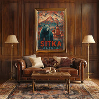 Sitka Alaska Travel Vintage Bear Foreground Snowcapped Mountains Church Heritage Art Deco Retro Eighties Poster