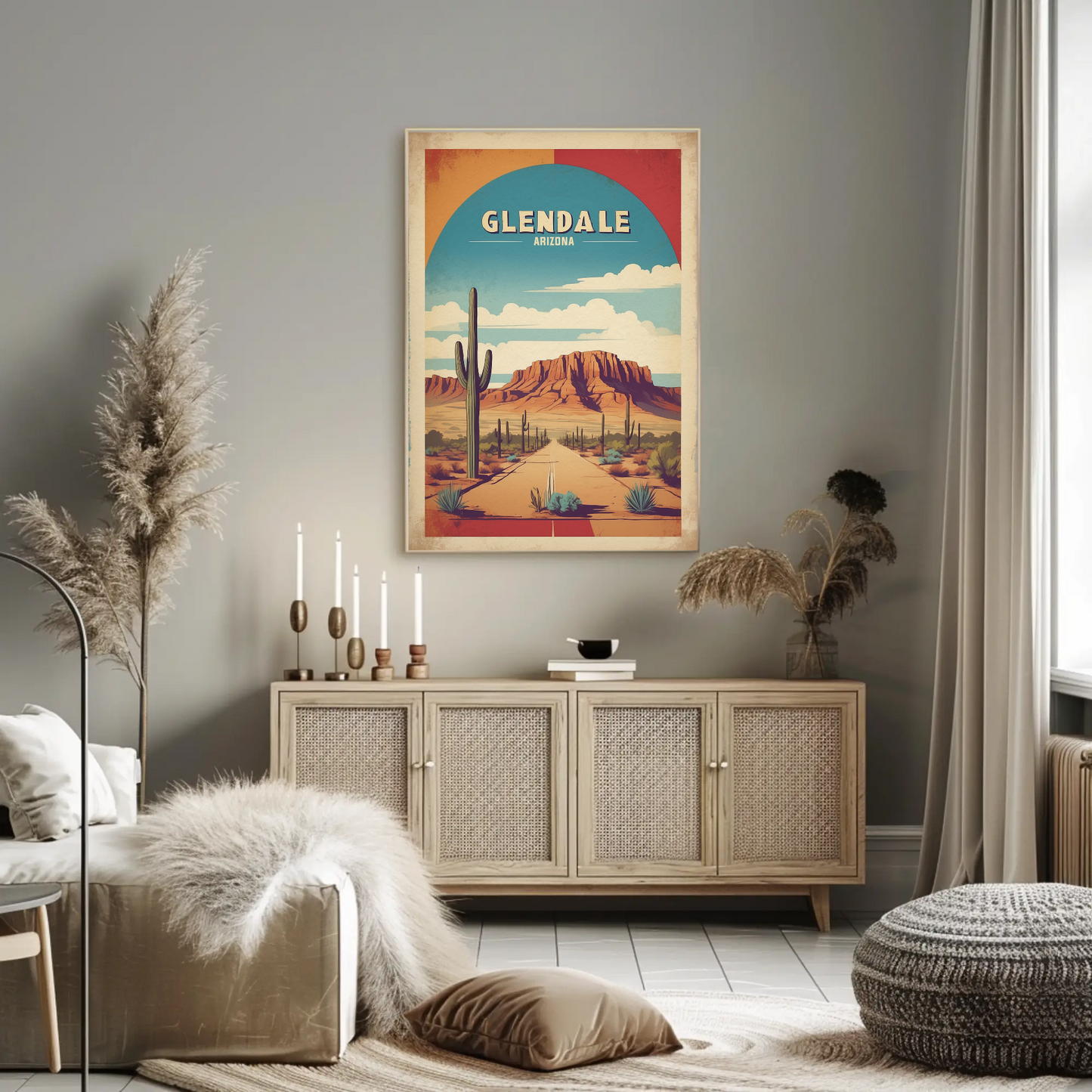 Glendale Arizona Cactus Roadscape Mesa Vintage Travel Poster