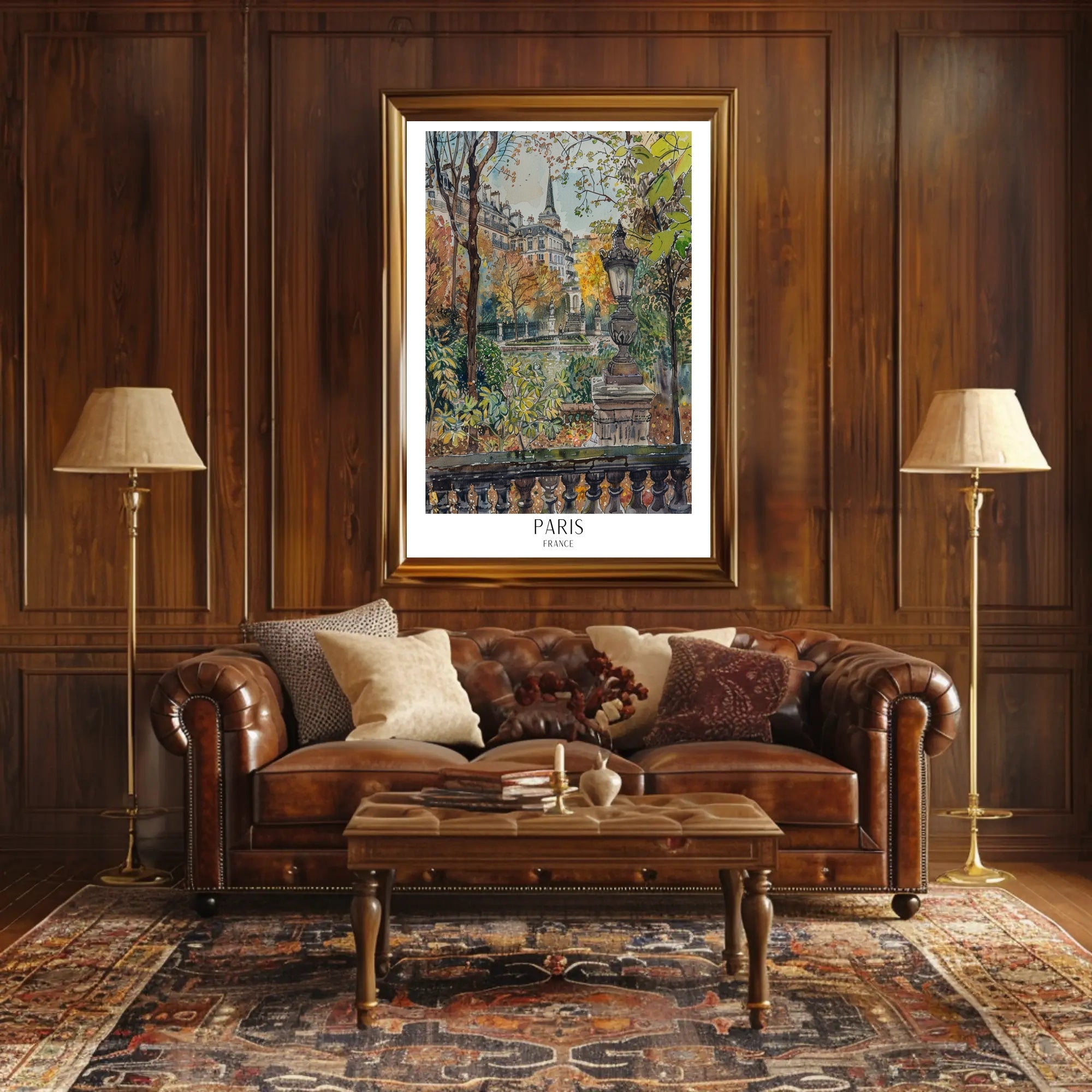 Parisian Autumn Elegance Watercolor in Urban or Cityscape Poster PosterGoat
