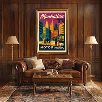 Stylized Manhattan Cityscape in Vibrant Art Deco Urban or Cityscape Poster