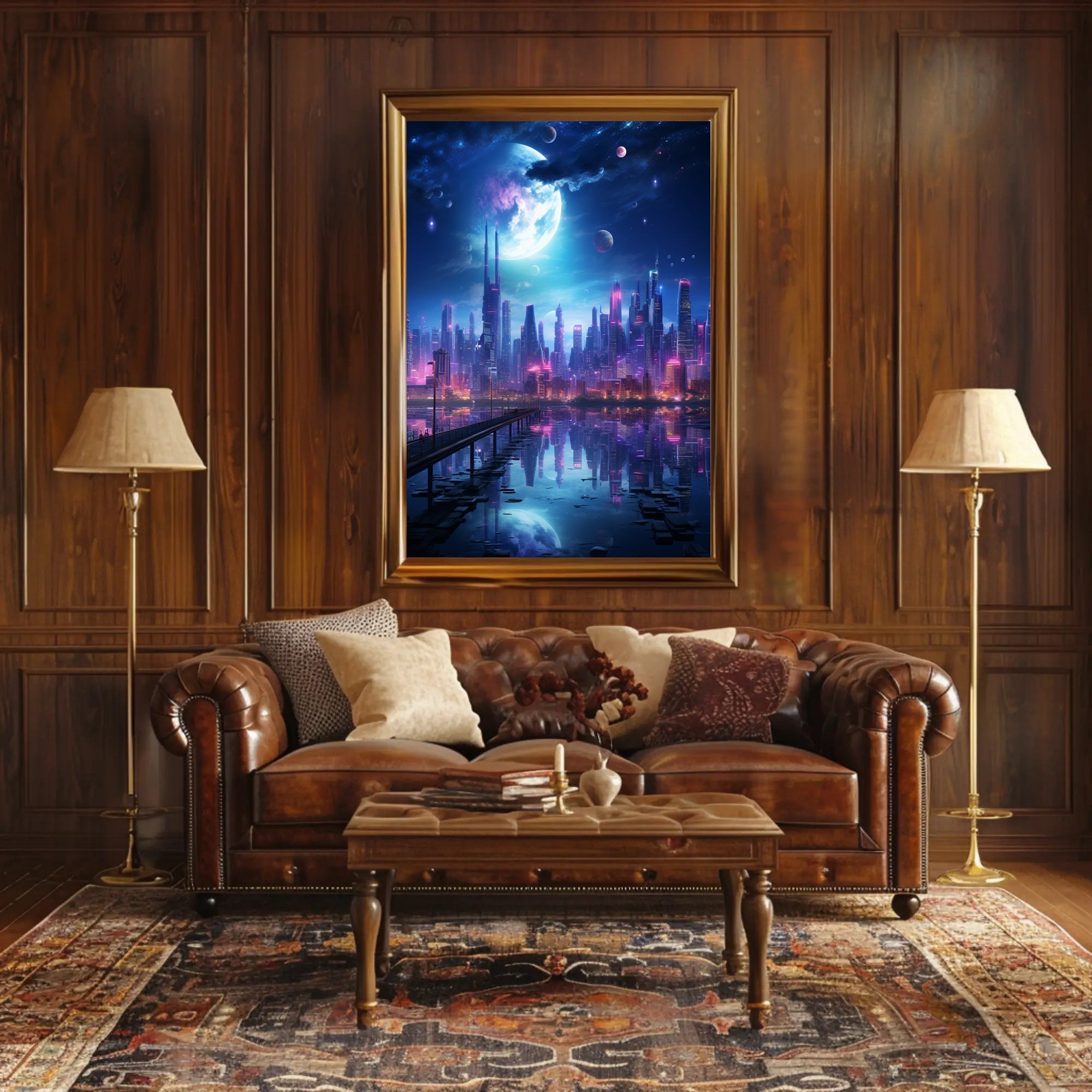 Neon Cityscape Under A Cosmic Sky Poster