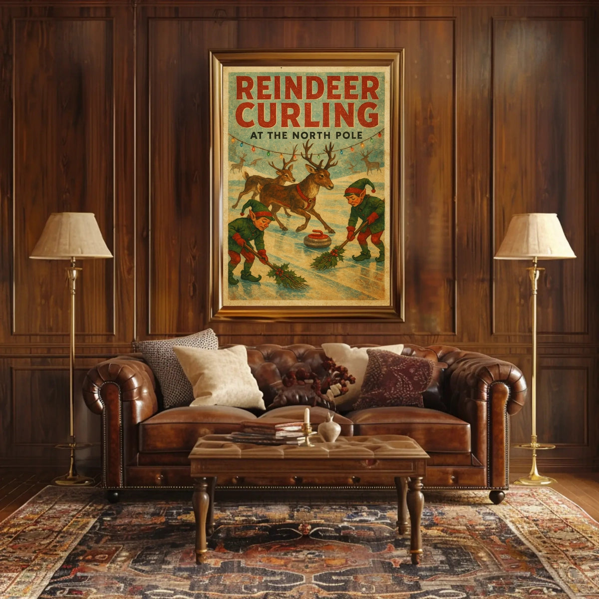 Reindeer Curling at the North Pole Poster