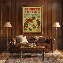 Reindeer Curling at the North Pole Poster