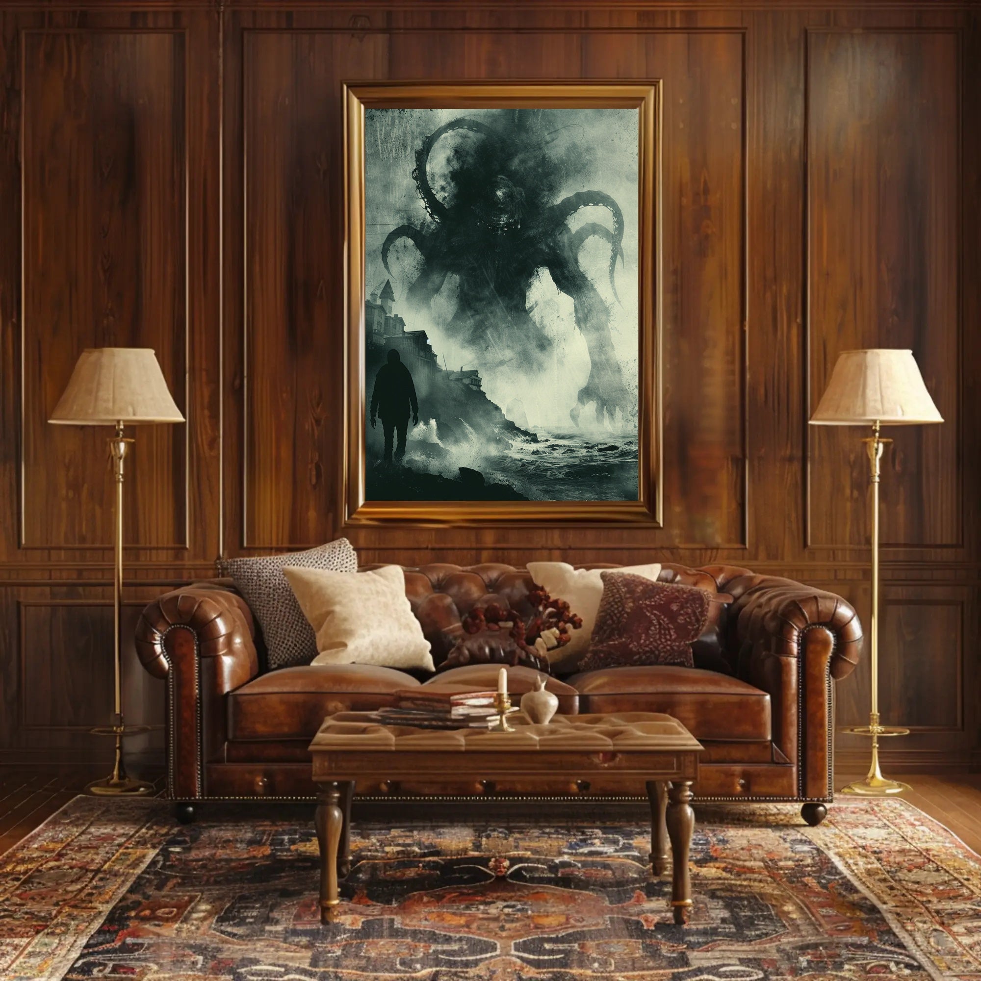 Dramatic Tentacled Monster in Stormy Coast Fantasy Poster PosterGoat