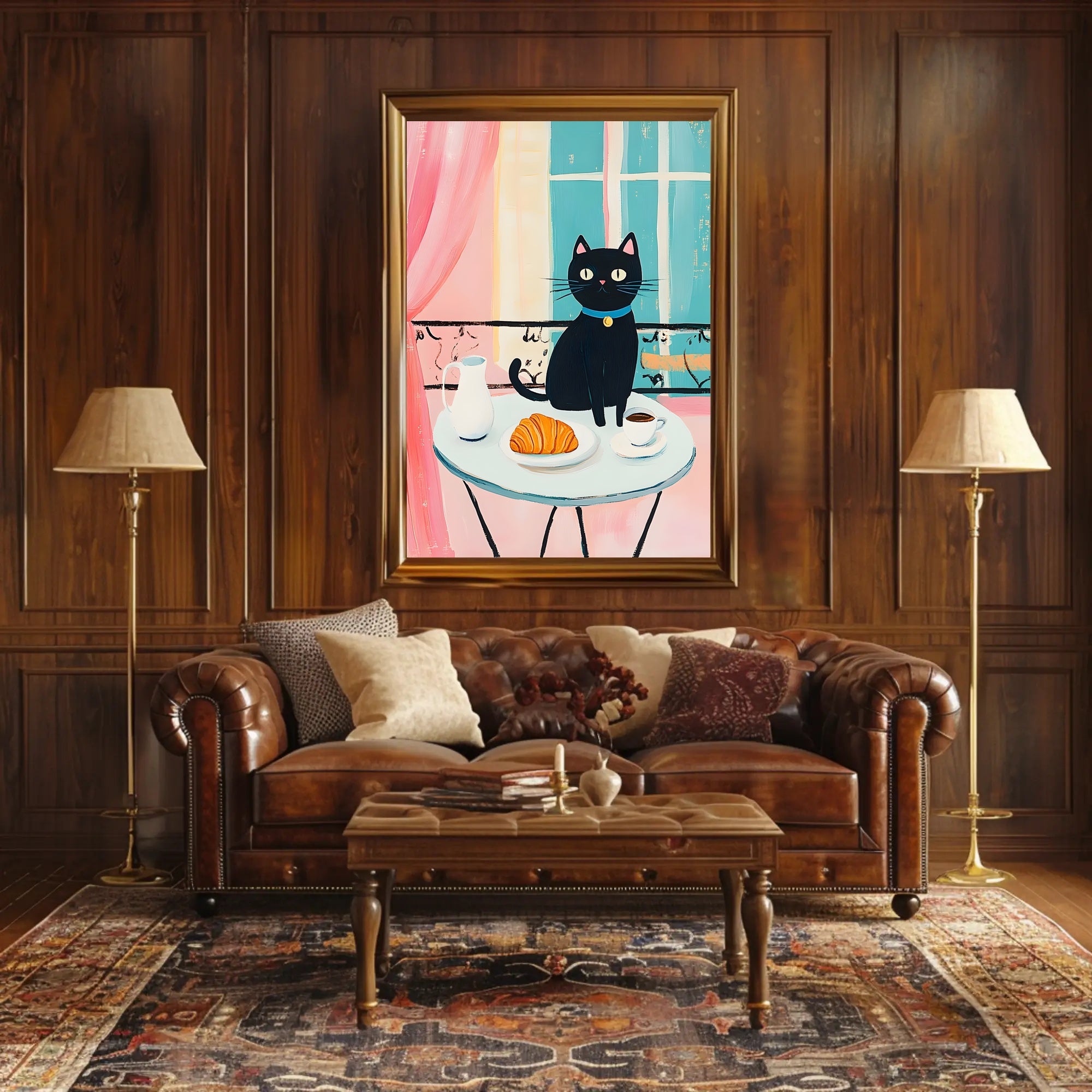 Black Cat Breakfast Poster Charming Morning Wall Art