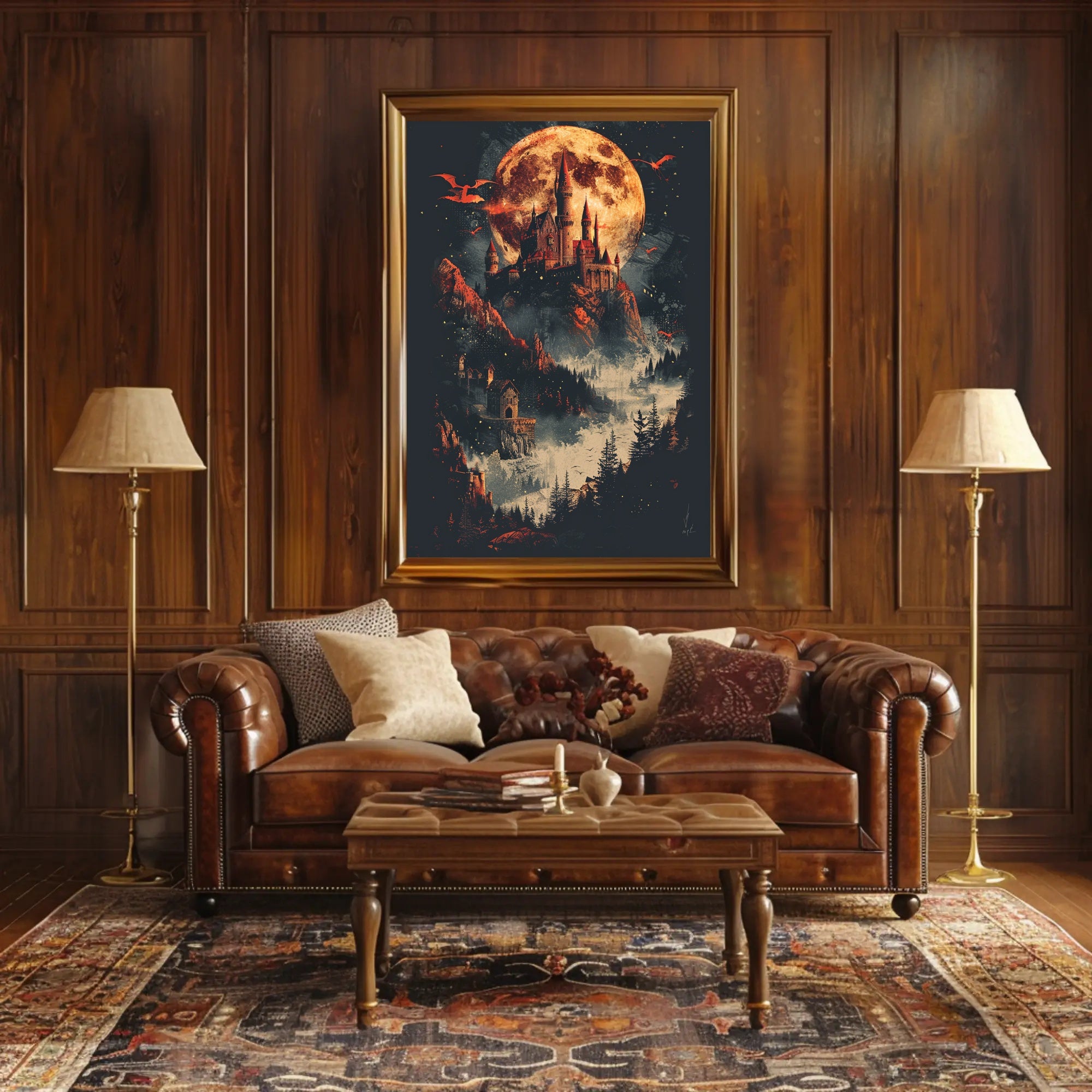 Mystical Castle and Dragons Fantasy Art Poster PosterGoat