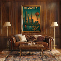 Shanghai Skyline Fusion: Vintage Urban or Cityscape Poster
