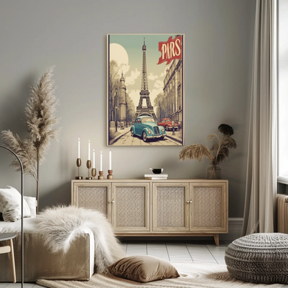 Paris Vintage Poster - Eiffel Tower & Classic Car