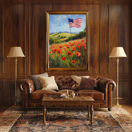 peaceful field of poppies with one large American flag Poster