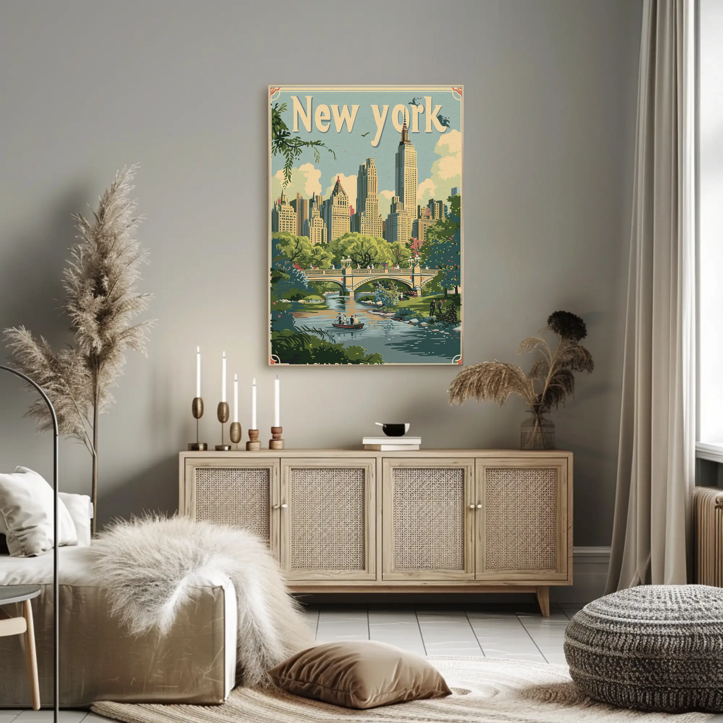 New York Central Park Bridge Skyline Vintage Travel Poster