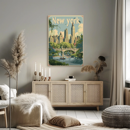 New York Central Park Bridge Skyline Vintage Travel Poster