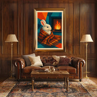 Cozy Rabbit by the Fireplace Poster