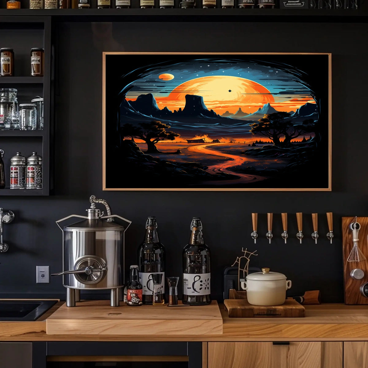 Celestial Sunset Over Desert Landscape Poster