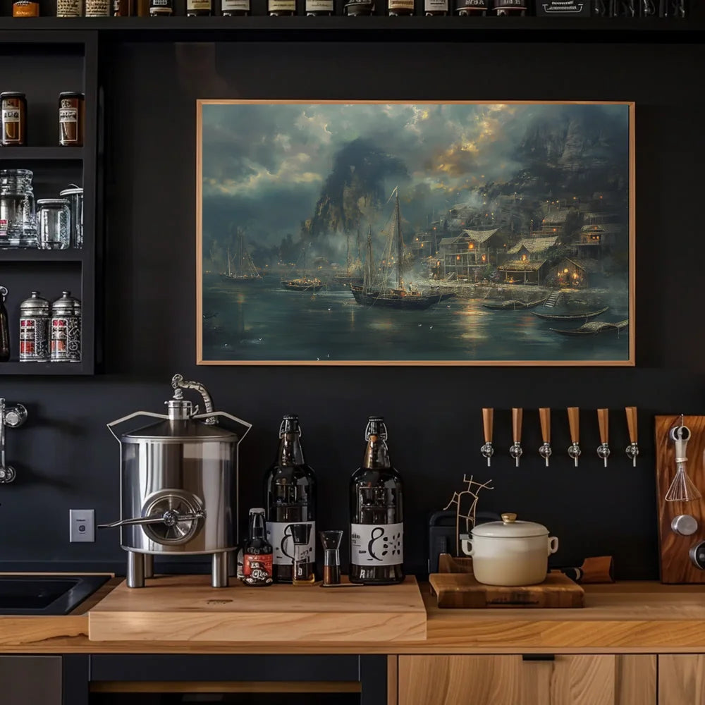 Harbor Scene: Nostalgic Maritime Fantasy Art Poster