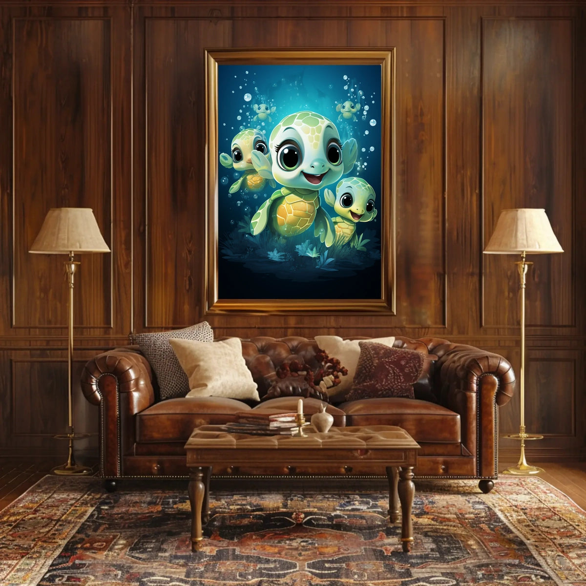 Adorable Sea Turtles Underwater Cartoon Poster Print