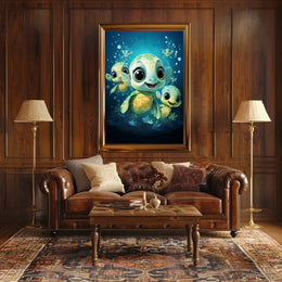Adorable Sea Turtles Underwater Cartoon Poster Print