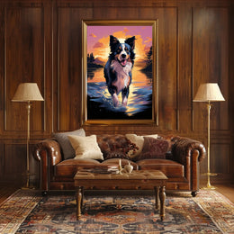 Cheerful Dog at Sunset Landscape Artistic Animal Poster