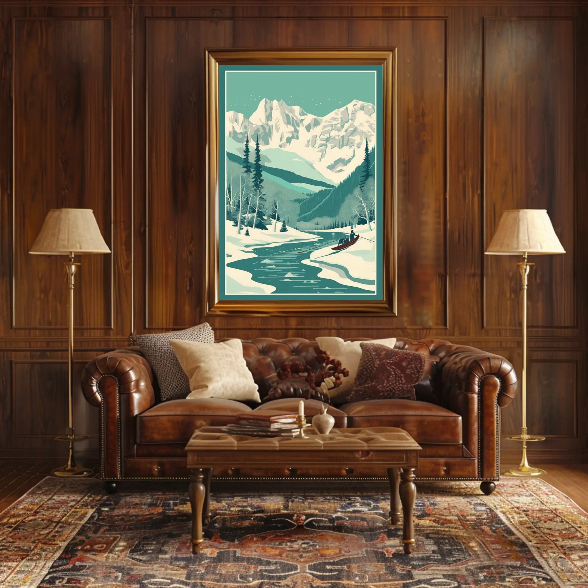Winter Serenity: Majestic Snow-Covered Mountains and Tranquil River Poster