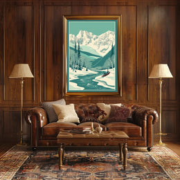 Winter Serenity: Majestic Snow-Covered Mountains and Tranquil River Poster