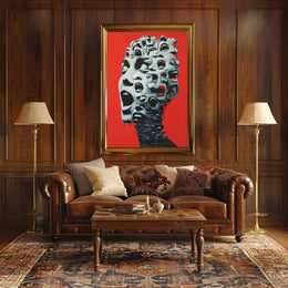 Surreal Faces Collage Poster: Red Background Art PosterGoat