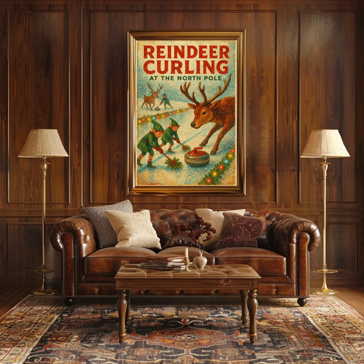 Reindeer Curling at the North Pole Poster