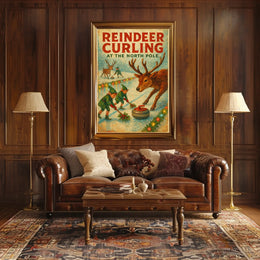 Reindeer Curling at the North Pole Poster