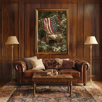 rustic garden chair with an old American flag draped Poster