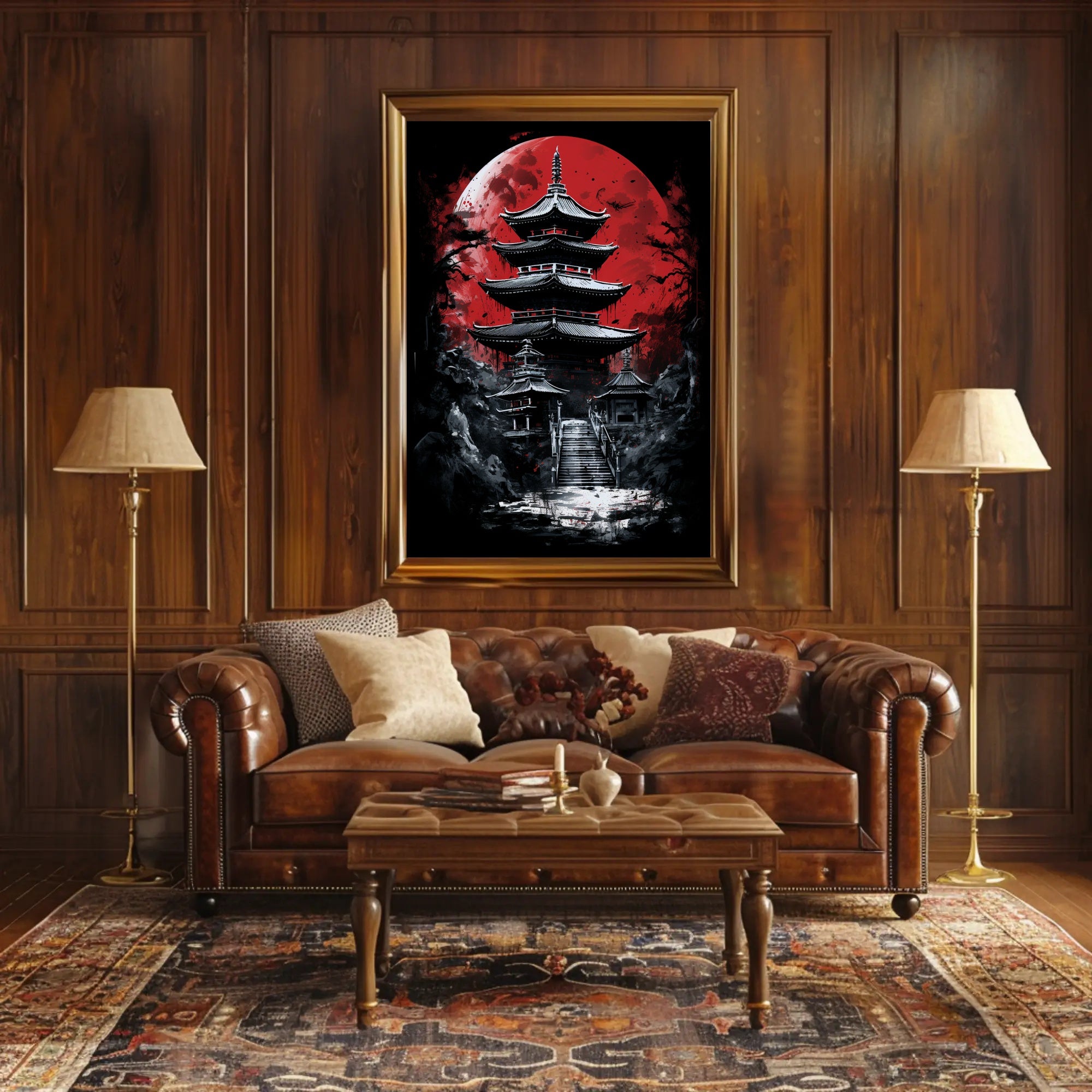 Traditional Japanese Pagoda with Red Moon Cultural Poster