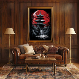 Traditional Japanese Pagoda with Red Moon Cultural Poster