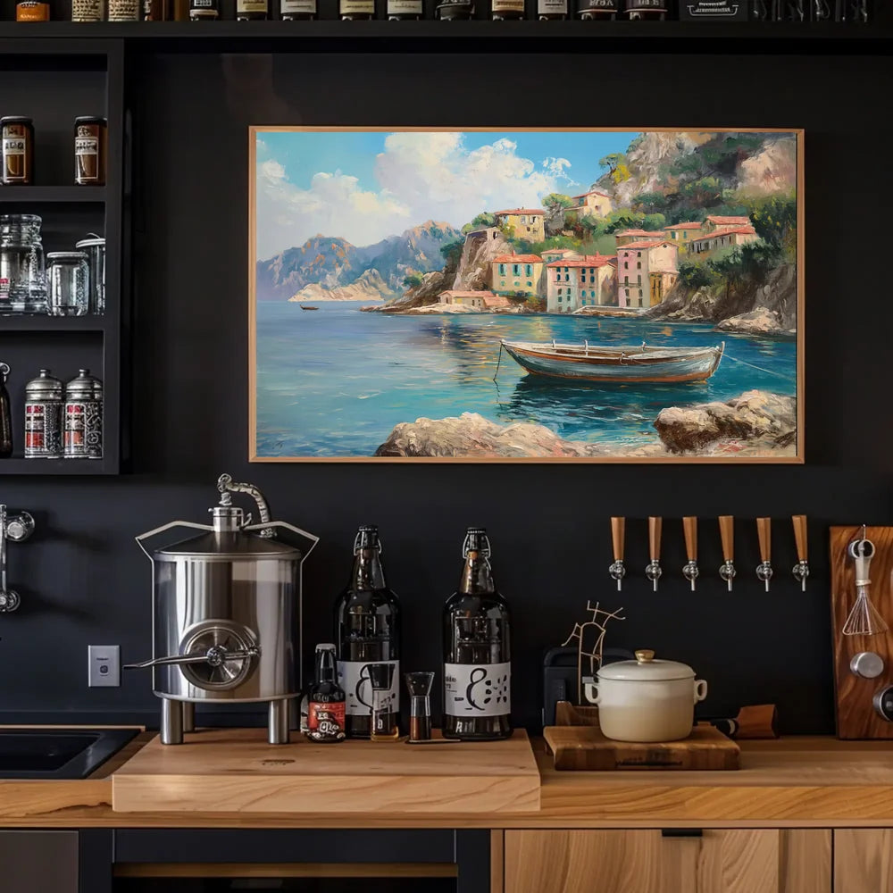 The poster showcases a scenic coastal village, likely inspired by the Mediterranean region, Travel Poster