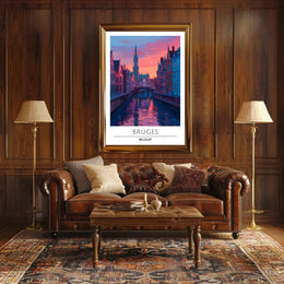 Scenic Bruges Canal Sunset Travel Poster