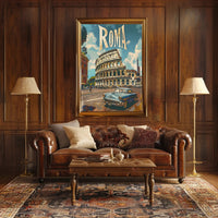 Vintage Rome Colosseum Scene with Classic Car Travel Poster