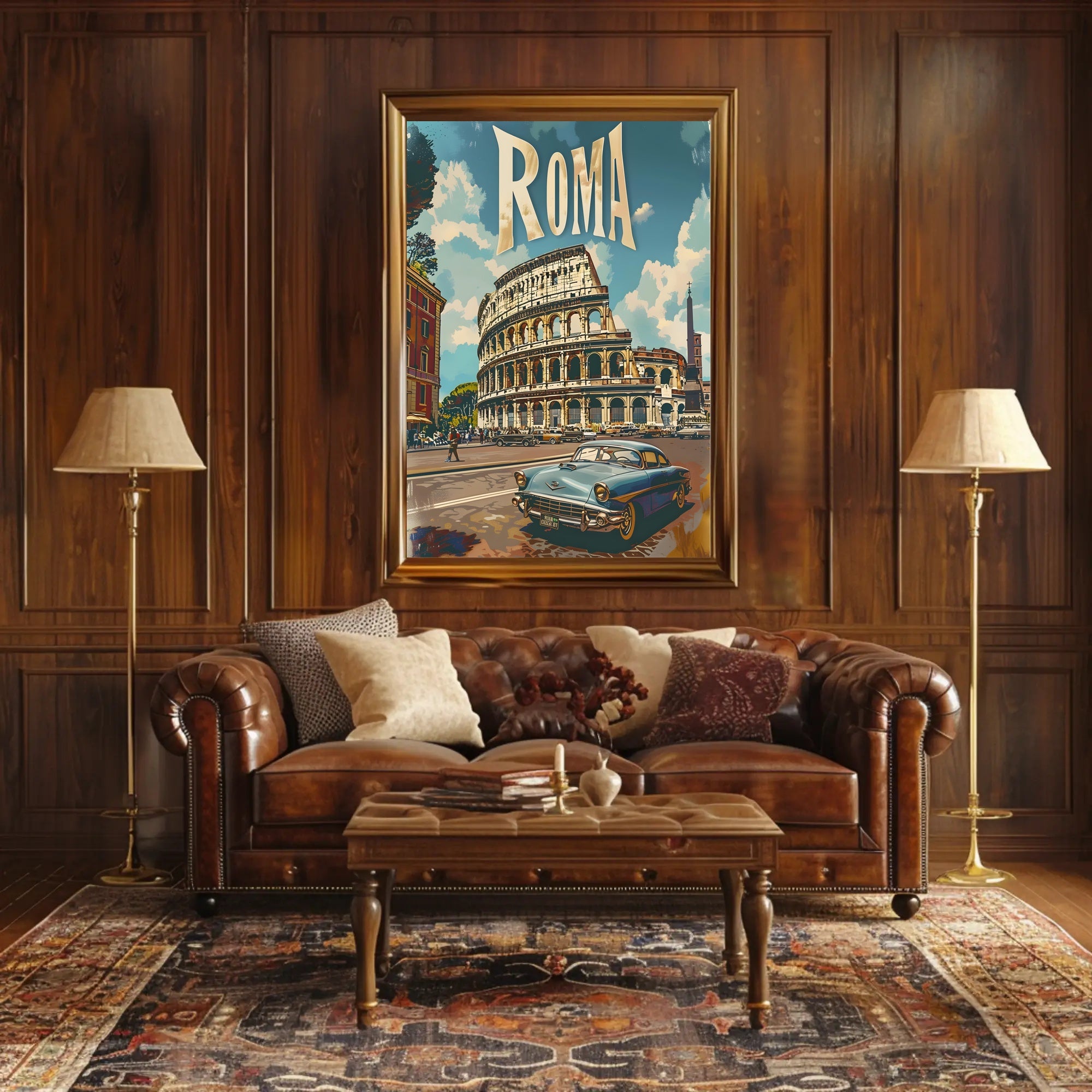 Vintage Rome Colosseum Scene with Classic Car Travel Poster