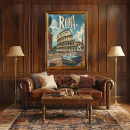 Vintage Rome Colosseum Scene with Classic Car Travel Poster
