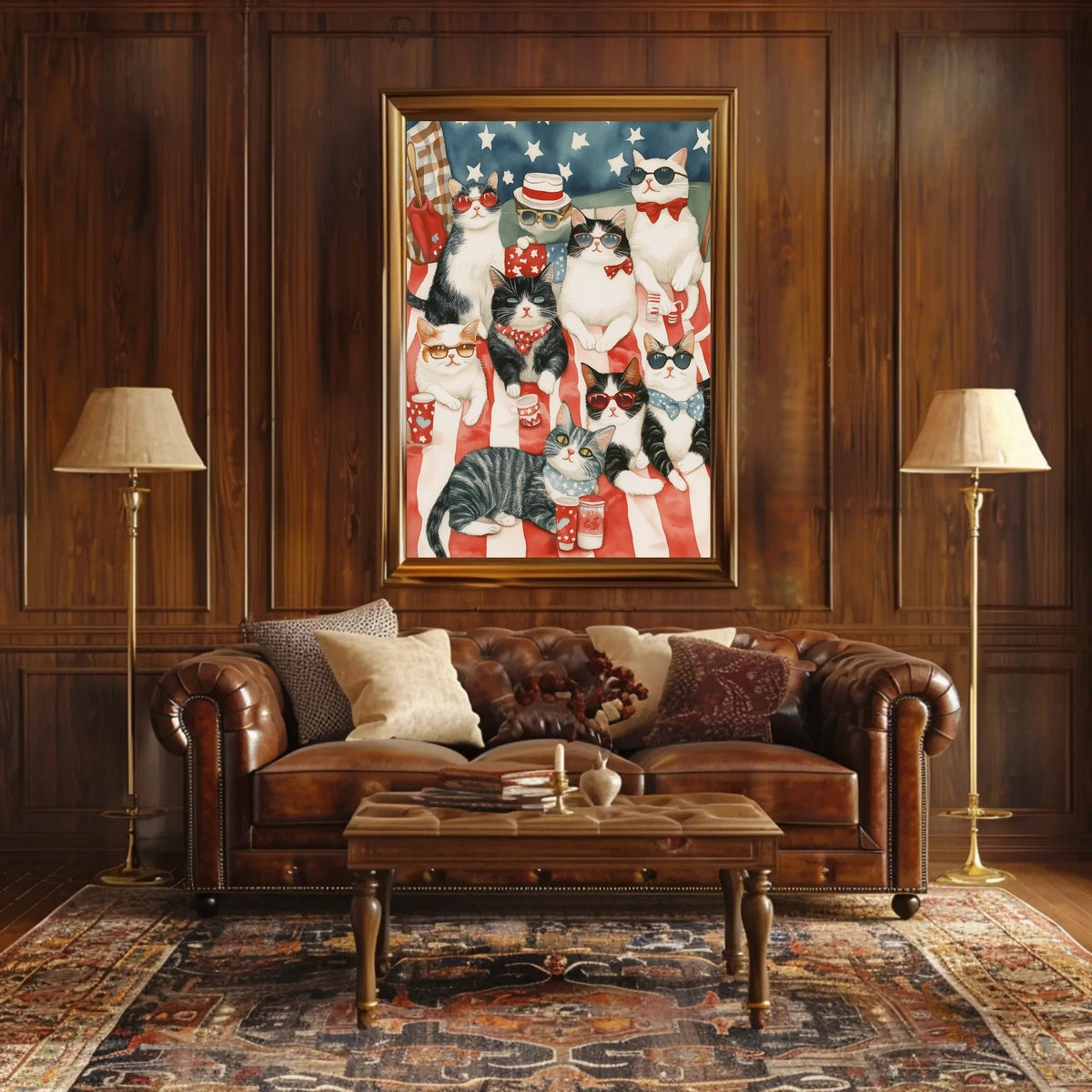 Colorful Patriotic Cats On Picnic Blanket Art Poster