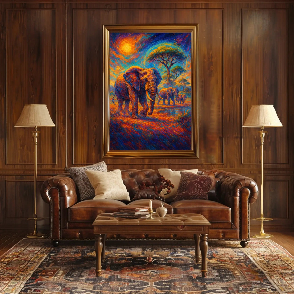 Majestic Elephants Safari Art Poster: Vibrant Landscape