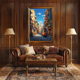 Vibrant Cityscape with Historical Trolley Travel Poster