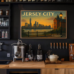 Jersey City Skyline Sunset Travel Poster