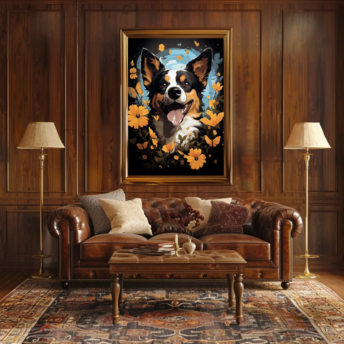 Joyful Dog and Flowers Nature Art Poster